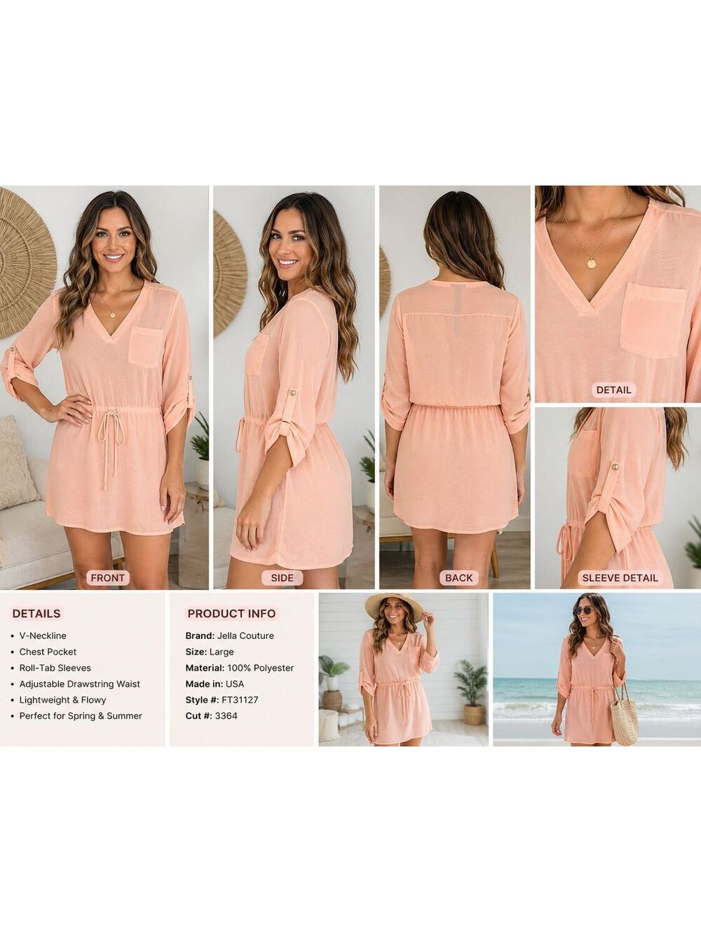 147. Jella Couture•Peach Flowy Drawstring Dress•lightweight •LARGE